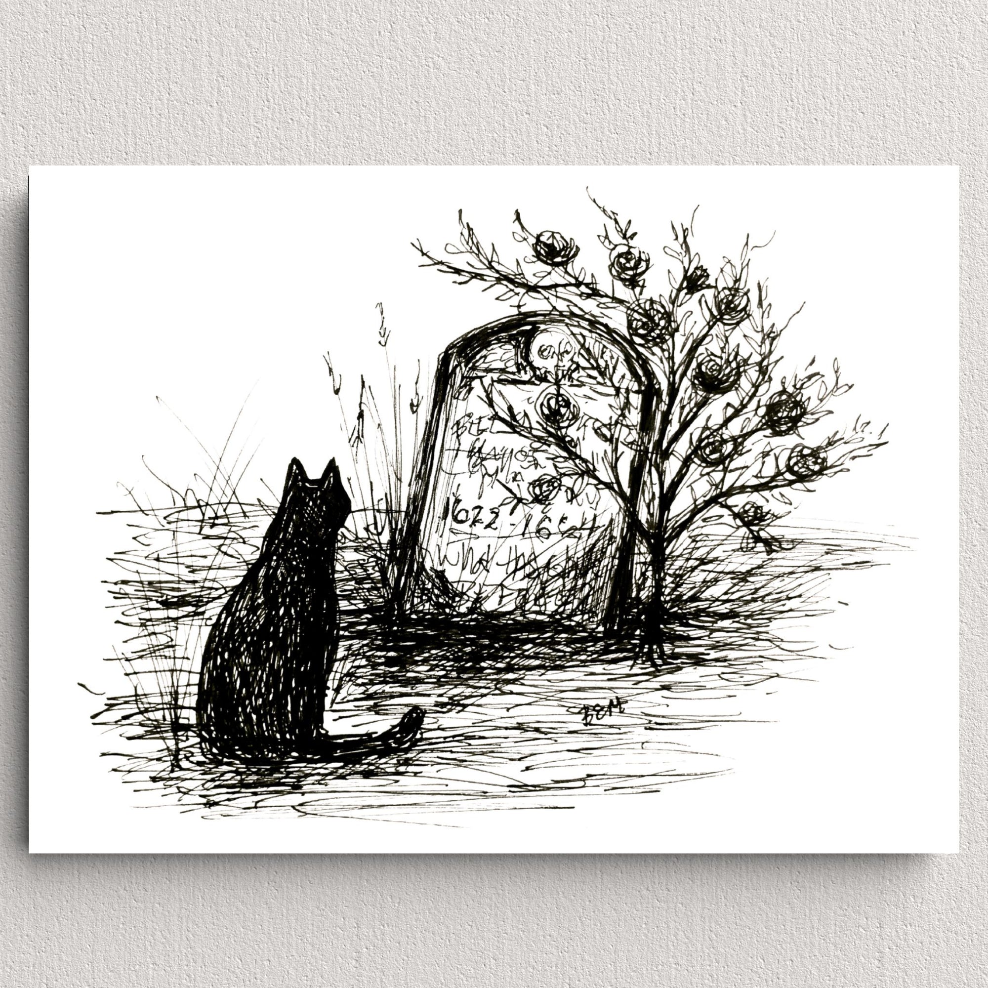 Graveyard Roses - Black Cat Fine Art Print