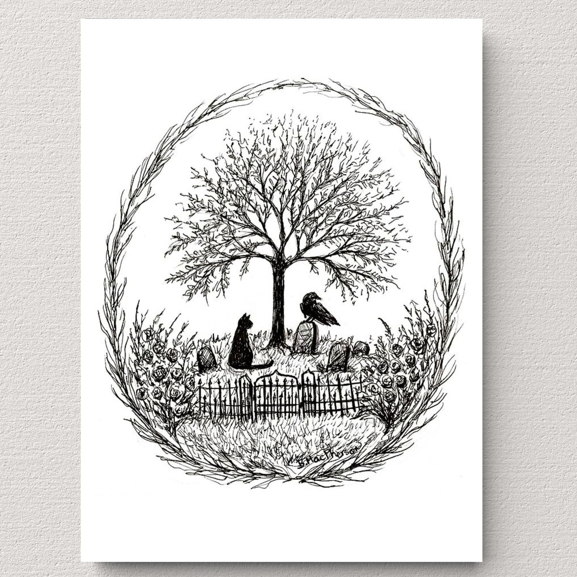 Visiting Friends - Black Cemetery Cat Art Print