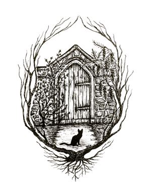 Black Cat at the Gate - Original Pen & Ink Illustration