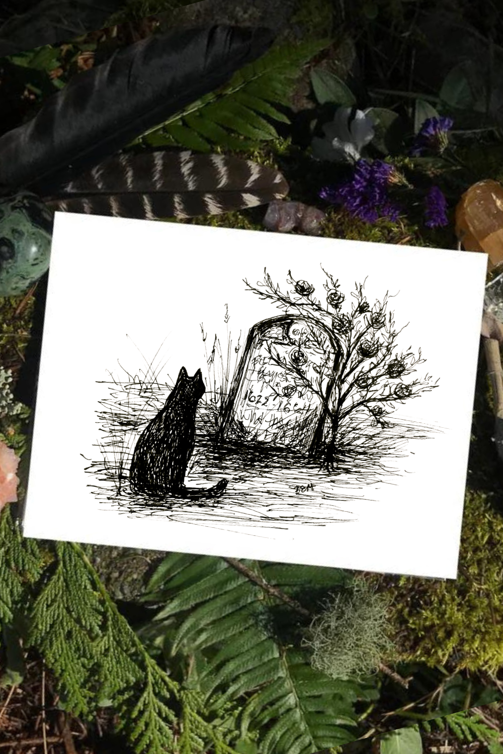 Graveside Visit -Black Cat Fine Art Print