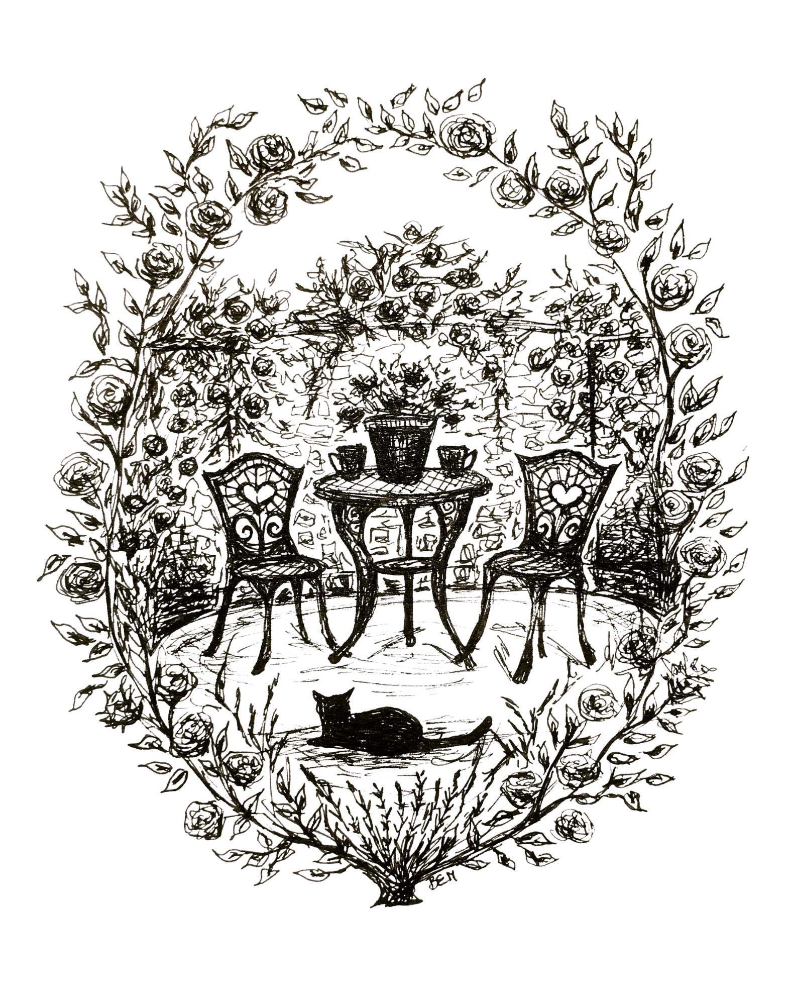 Tea Garden & Roses - Black Cat Fine Art Print