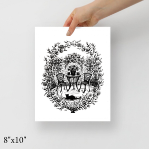 Tea Garden & Roses - Black Cat Fine Art Print