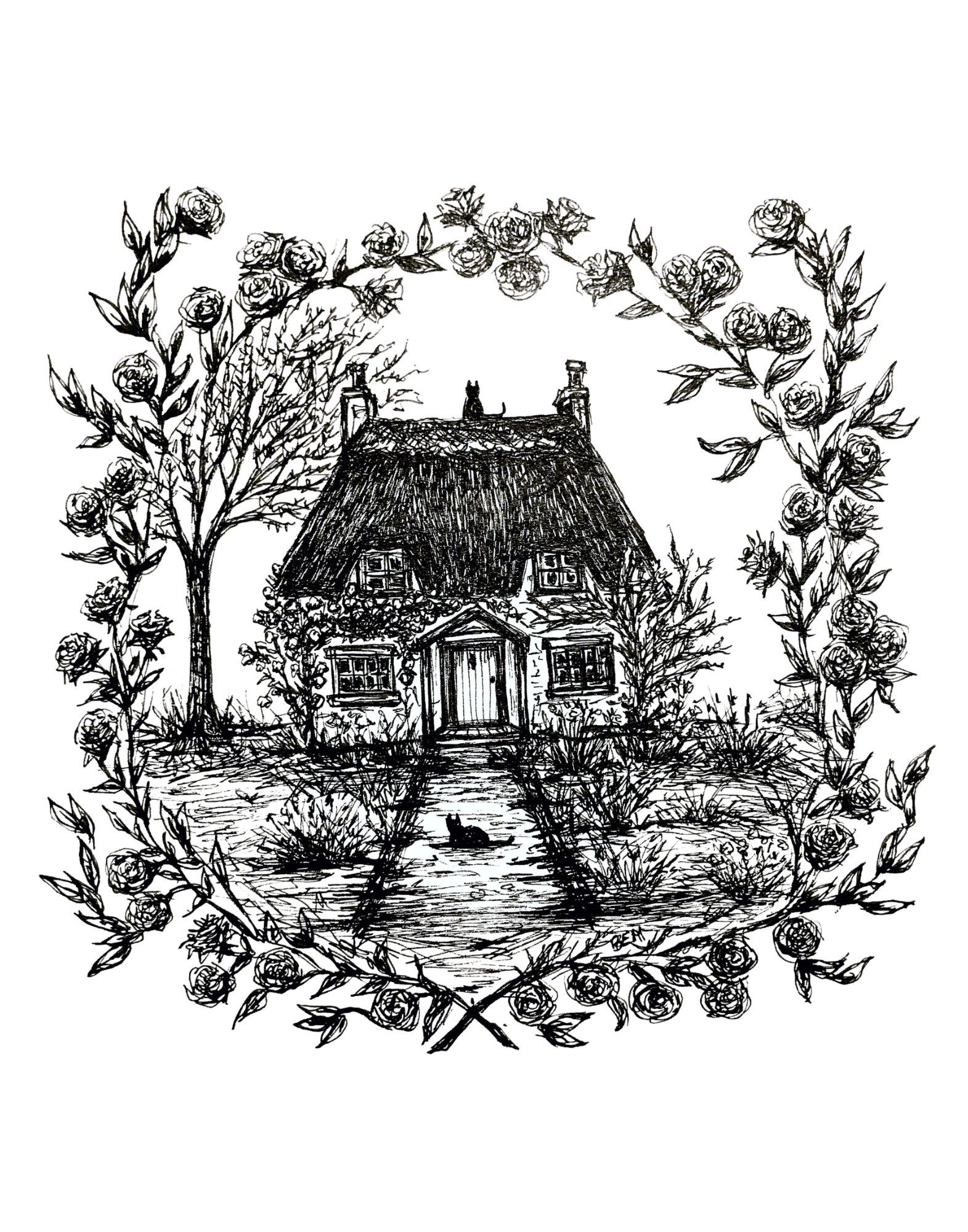Rose Cottage - Black Cat Fine Art Print